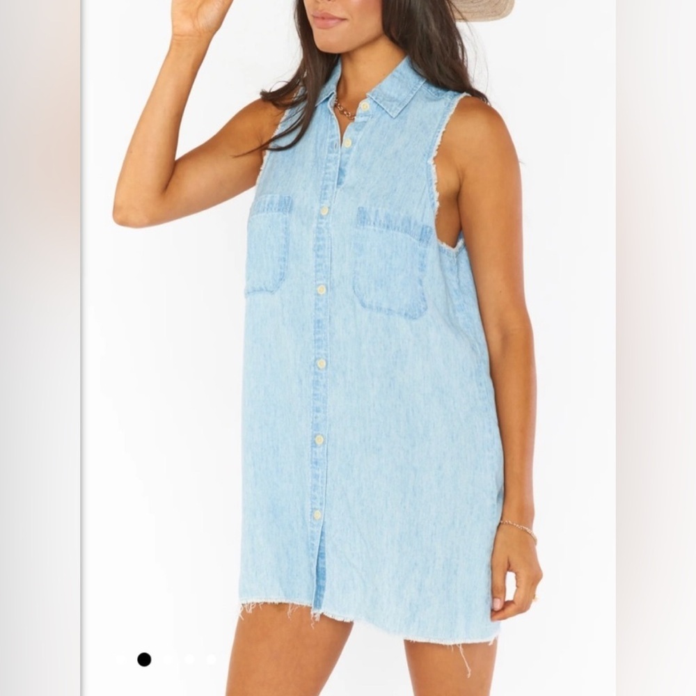 Show Me Your Mumu Vicki Mini denim Sleeveless Shirt Dress Small - Picture 2 of 10